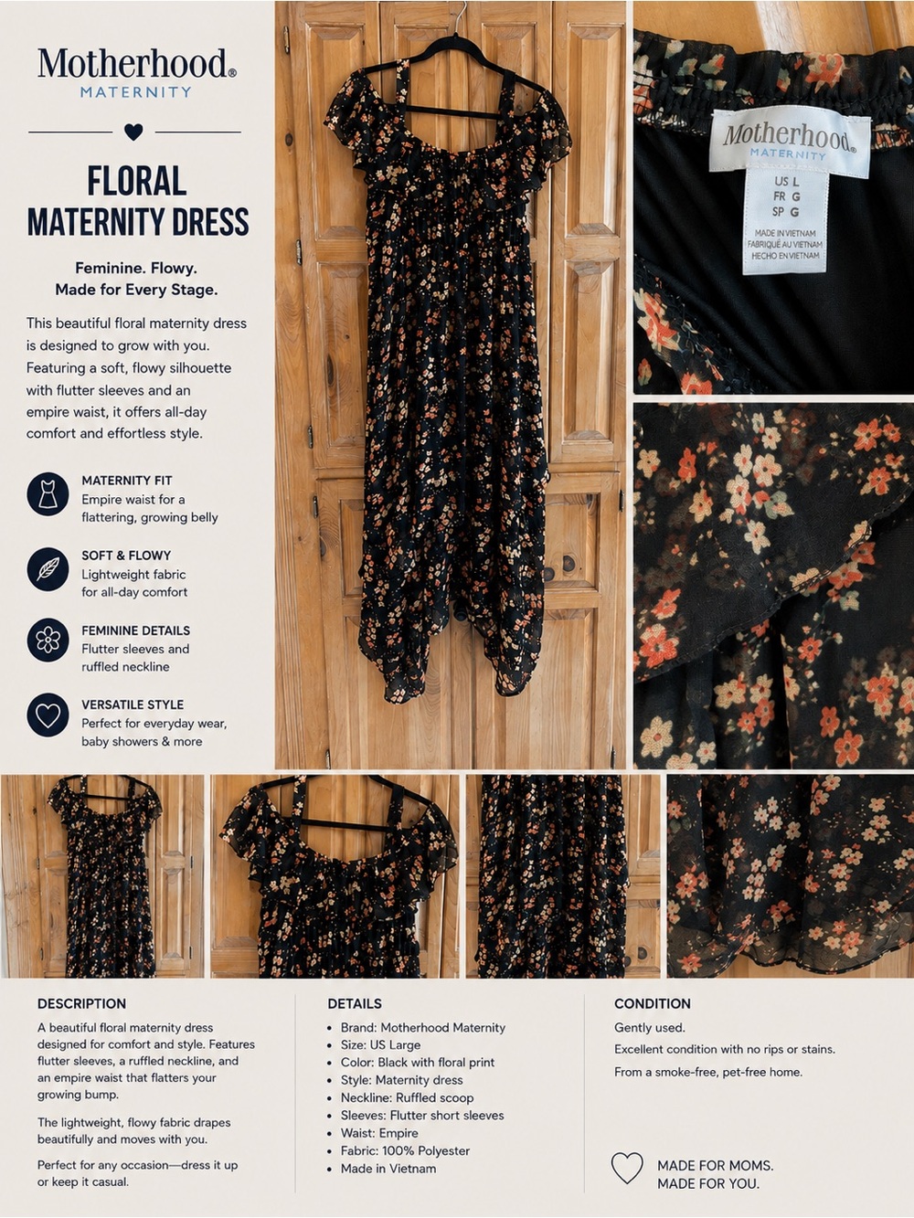 Motherhood Maternity Black Floral Maxi Dress with Orange & Cream Blossoms